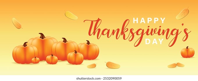 Thanksgiving day banner. Holiday background with realistic 3d orange pumpkin, autumn leaves. Horizontal holiday poster, header for website. Vector illustration