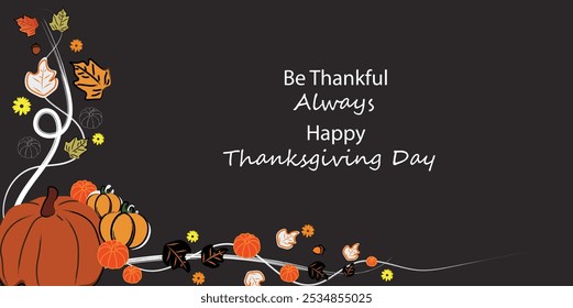 Thanksgiving day banner. Holiday background with  orange pumpkin  autumn leaves. Horizontal holiday poster, header for website. Vector illustration in hand drawn style