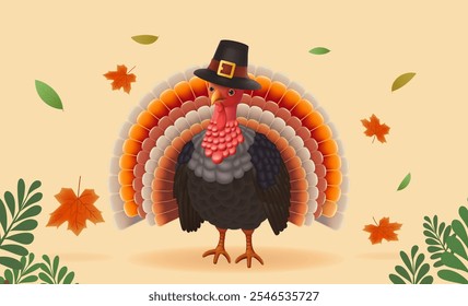 Thanksgiving day banner. Holiday background with realistic 3d turkey and orange pumpkin in pilgrim hat,header for website Modern banner for design. Vector illustration.