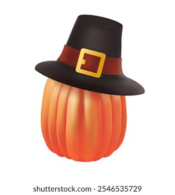 Thanksgiving day banner. Holiday background with realistic  pumpkin in pilgrim hat