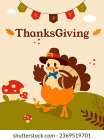 Thanksgiving Day. Banner, inscription on card. Turkey, pumpkins, Autumn harvest in a basket, autumn leaves. Vector graphics in cartoon style.