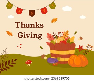 Thanksgiving Day. Banner, inscription on card. Turkey, pumpkins, Autumn harvest in a basket, autumn leaves. Vector graphics in cartoon style.