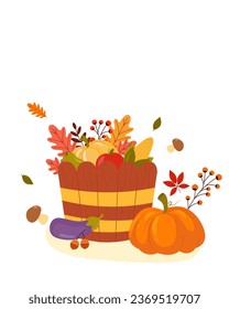 Thanksgiving Day. Banner, inscription on card. Turkey, pumpkins, Autumn harvest in a basket, autumn leaves. Vector graphics in cartoon style.