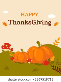 Thanksgiving Day. Banner, inscription on card. Turkey, pumpkins, Autumn harvest in a basket, autumn leaves. Vector graphics in cartoon style.