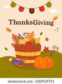 Thanksgiving Day. Banner, inscription on card. Turkey, pumpkins, Autumn harvest in a basket, autumn leaves. Vector graphics in cartoon style.