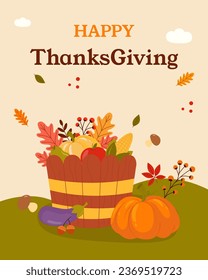 Thanksgiving Day. Banner, inscription on card. Turkey, pumpkins, Autumn harvest in a basket, autumn leaves. Vector graphics in cartoon style.