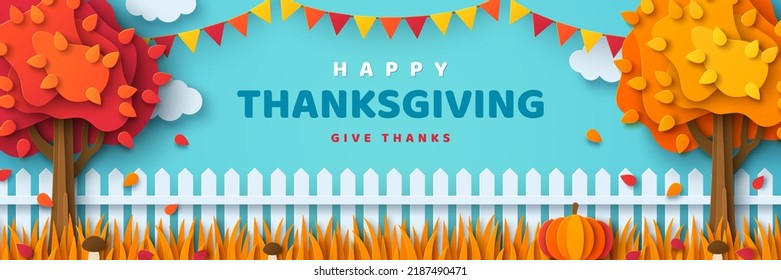 Thanksgiving day banner with paper cut trees, pumpkin and fence. Autumn day at countryside. Vector illustration. Place for text. Sale border frame, promo card, header or poster. Harvest decoration