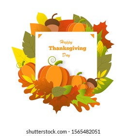 Thanksgiving day banner with pumpkin,leaf,acorn, corn isolated on a white background