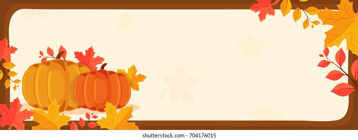Thanksgiving Day banner with pumpkins, autumn leaves and space for your message.