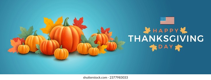 Thanksgiving day banner with pumpkins, fall leaves, USA flag and text Happy Thanksgiving day - blue background - vector illustration