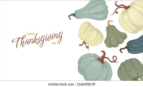 Thanksgiving day banner with pumpkins. Holiday web postcard horizontal template and background