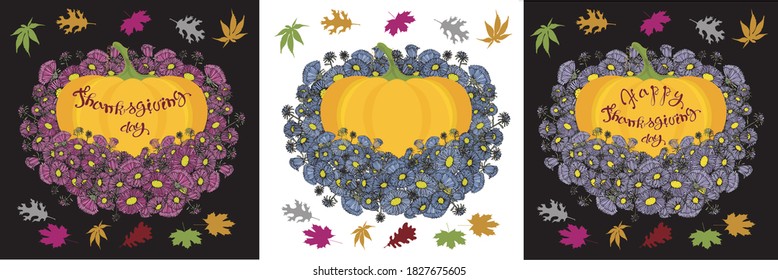 Thanksgiving Day banner set. Lettering on orange pumpkin, violet aster fallen marple oak leaves on black design element stock vector illustration for web, for print