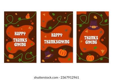 Thanksgiving day banners in cartoon design. This brochure with a unique illustration style captures the essence of the holiday and its traditions. Vector illustration.