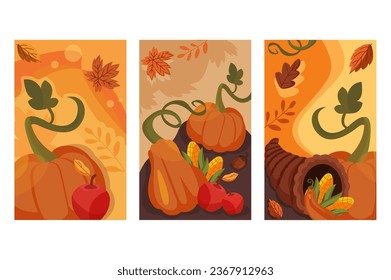 Thanksgiving day banners in cartoon design. Eye-catching posters features festive illustrations in a Thanksgiving Day theme, perfect for promoting holiday events and gatherings. Vector illustration.