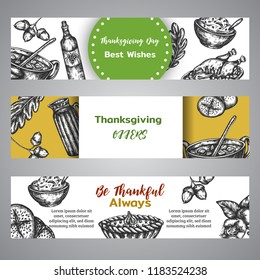 Thanksgiving day banners collection of hand drawn illustration with autumn elements, food Vintage retro style