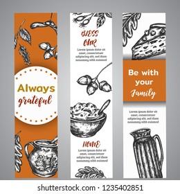 Thanksgiving day banners collection of hand drawn illustration with autumn elements, food Vintage retro style