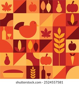 Thanksgiving day, bauhaus, geometrical, modern, abstract, autumn, turkey, corn, pumpkin, pie, harvest, wine, leaves, apple, pear, yellow, brown, orange, wheat, flat style, vector illustration. 