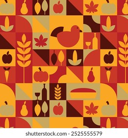 Thanksgiving day, bauhaus, modern, abstract, autumn, celebration, pattern, background, turkey, pie, pumpkin, food, november, brown, yellow, red, green, texture, flat style, vector illustration. 