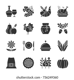 Thanksgiving day black silhouette icon set. Monochrome flat design symbol collection. Pumpkin, cornucopia, turkey, vegetables, holiday symbol. Harvest season sign. Vector illustration