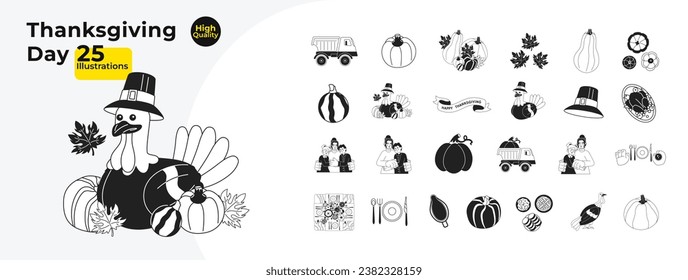 Thanksgiving day black and white cartoon flat illustration bundle. Pilgrim turkey bird, fall pumpkins linear 2D objects, characters isolated. Hugs family, eating monochromatic vector image collection