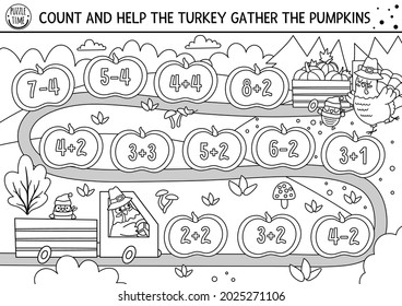 Thanksgiving Day black and white counting dice board game for children with cute turkey driving a car with pumpkins. Autumn line holiday boardgame with numbers. Fall math activity for kids.
