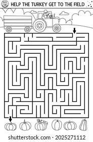 Thanksgiving Day black and white maze for children. Autumn holiday line printable activity. Fall outline labyrinth game or puzzle with cute bird driving a tractor. Help turkey get to the field
