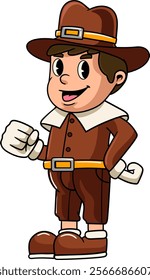 Thanksgiving Day Blessing Boy Pilgrim in Retro Cartoon Character Illustration