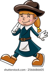 Thanksgiving Day Blessing Girl Pilgrim in Retro Cartoon Character Illustration