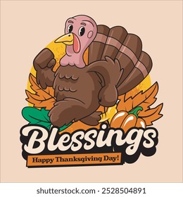 Thanksgiving Day Blessing Turkey, Pumpkin, Autumn Leaves in Vintage Retro Cartoon Mascot Illustration for sticker, badge, patch, banner, greeting card, invitation