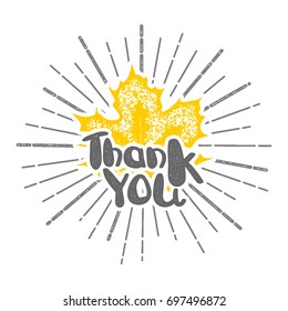 Thanksgiving day in Canada maple leaf stamp. Handwritten lettering retro stamp style. Vintage vector thanks print illustration. Engrave text phrase 