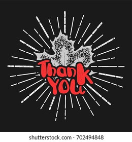 Thanksgiving day in Canada maple leaf stamp. Handwritten lettering retro stamp style. Vintage vector thanks print illustration. Engrave text phrase 