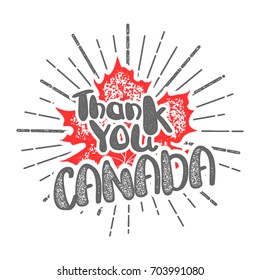 Thanksgiving day in Canada maple leaf stamp. Handwritten lettering retro stamp style. Vintage vector thanks print illustration. Engrave text phrase