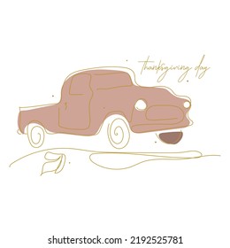 Thanksgiving day Car. Autumn postcard. Illustration of a retro car. Postcard for celebration. Pattern for textiles.