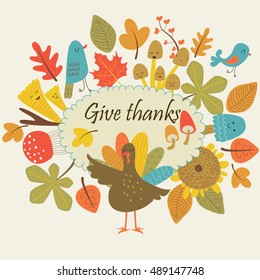 Thanksgiving day card with cute funny turkey, leaves, mushrooms, birds and flowers in cartoon style