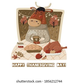 Thanksgiving day card with cute ox in cartoon style
