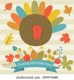 Thanksgiving day card with cute turkey in cartoon style