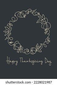 Thanksgiving Day card design. Hand-lettered greeting phrase like gold inside wreath with leaves, berries, oak acorns on light-colored background