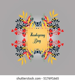 Thanksgiving Day card, flyer template with text space. Vector illustration with hand drawn branches and leaves. Sketch, design elements. Decor for invitations, greeting cards, posters, covers.