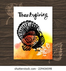Thanksgiving Day card. Hand drawn sketch and watercolor vector illustration