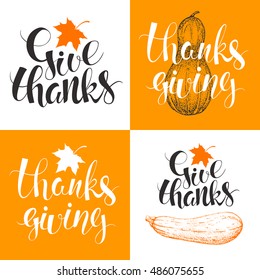 Thanksgiving Day card. Handwritten calligraphy inscriptions with pumpkin and squash in engraving style. Orange background with maple leaf. Vector vintage illustration. 