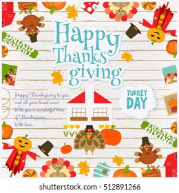 Thanksgiving Day Card - Holiday Frame - Turkey, House and Thanksgiving Objects and Symbols on White Wooden  Background. Vector Illustration.