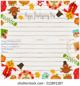 Thanksgiving Day Card - Holiday Frame - Thanksgiving Objects and Symbols on White Wooden Background. Place for Greeting Text. Vector Illustration.