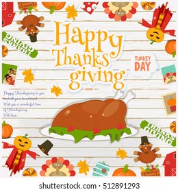 Thanksgiving Day Card - Holiday Frame - Roasted Turkey and Thanksgiving Objects and Symbols on Rustic White Wooden  Background. Vector Illustration.