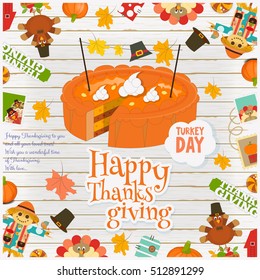 Thanksgiving Day Card - Holiday Frame - Pumpkin Pie Turkey and Thanksgiving Objects and Symbols on White Wooden  Background. Vector Illustration.