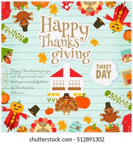 Thanksgiving Day Card - Holiday Frame - Turkey, House and Thanksgiving Objects and Symbols on Blue Wooden  Background. Vector Illustration.