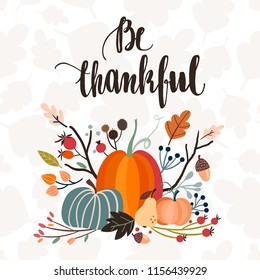 Thanksgiving day card /invitation with autumnal arrangement and hand lettering