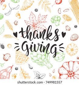 Thanksgiving Day card with Maple Leaves and hand drawn vector vegetables. Handwritten modern calligraphy inscription. Holiday autumn background.  Brush lettering.