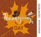 Thanksgiving day card with pilgrim hat and Native American feathers. Vector illustration and hand sketches