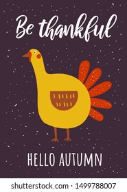 Thanksgiving day card, postcard, poster, flyer with turkey. Cute hand drawn doodle holiday background.