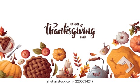 Thanksgiving Day Card With Pumpkins, Apple Pie, Sweater And Autumn Leaves. Autumn, Harvest, Holiday, Fall Concept. Vector Illustration.